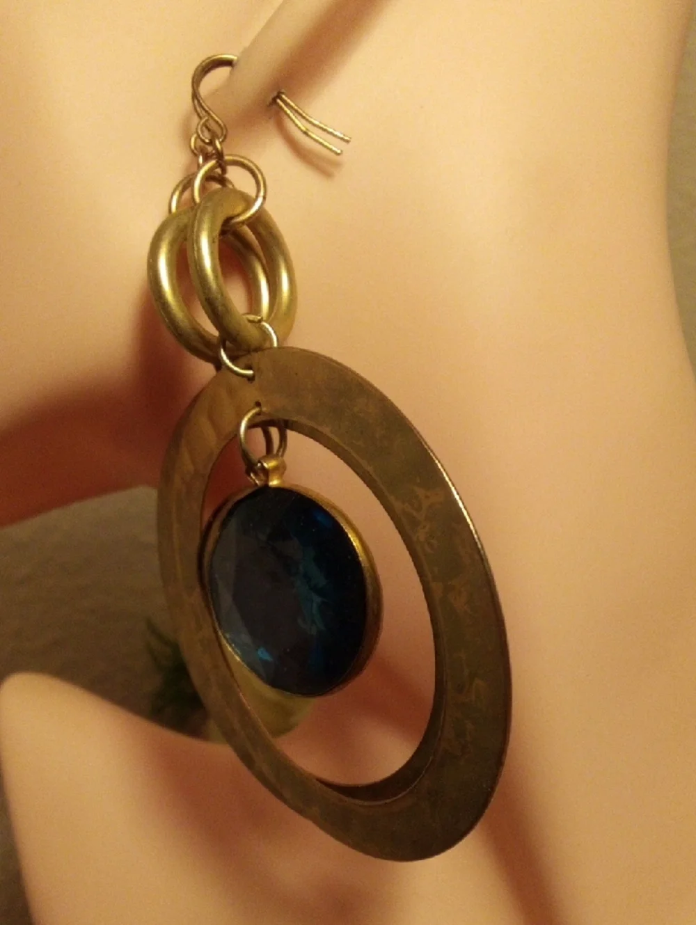 Hammered Gold-Tone Hoop Earrings with Faceted Blue Crystal Drops